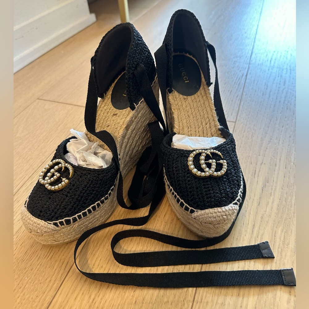 Gucci Lilibeth Espadrille Platform Wedges Sandal Black Size 37